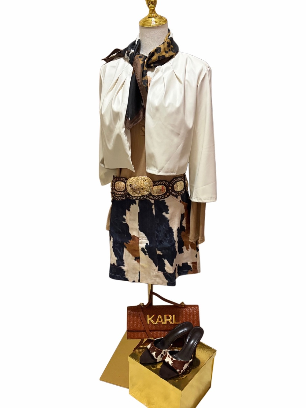 Western Cow Print 4-Piece Outfit Set – Skirt, Top, Cropped Jacket & Belt